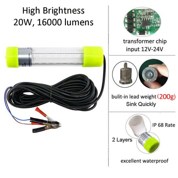 IP68 Super Bright 12V LED Deep Drop Underwater Attract Fish Squid Lure Lamp  Submersible Fishing LED Light Night Bait Squid Fish Attracting Snook Green  Light +6m…